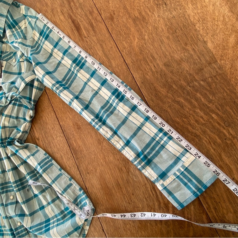 New Wrangler Teal and White Plaid Long Sleeve Dress Snap Buttons - Picture 10 of 12